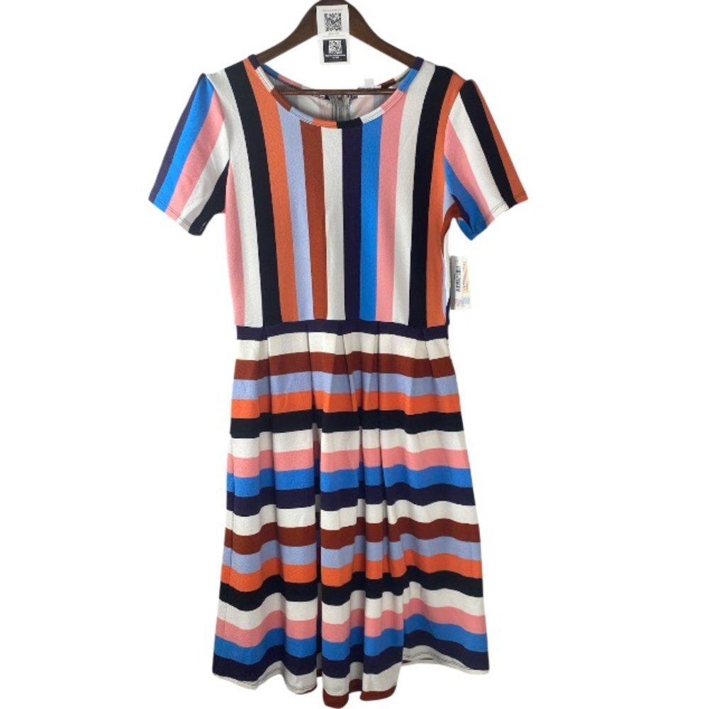 Lularose Striped Multicolor Flare Short Sleeve Dress / L